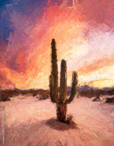 Desert Cactus Silhouette Against a Stunning Sunset Sky. Digital painting