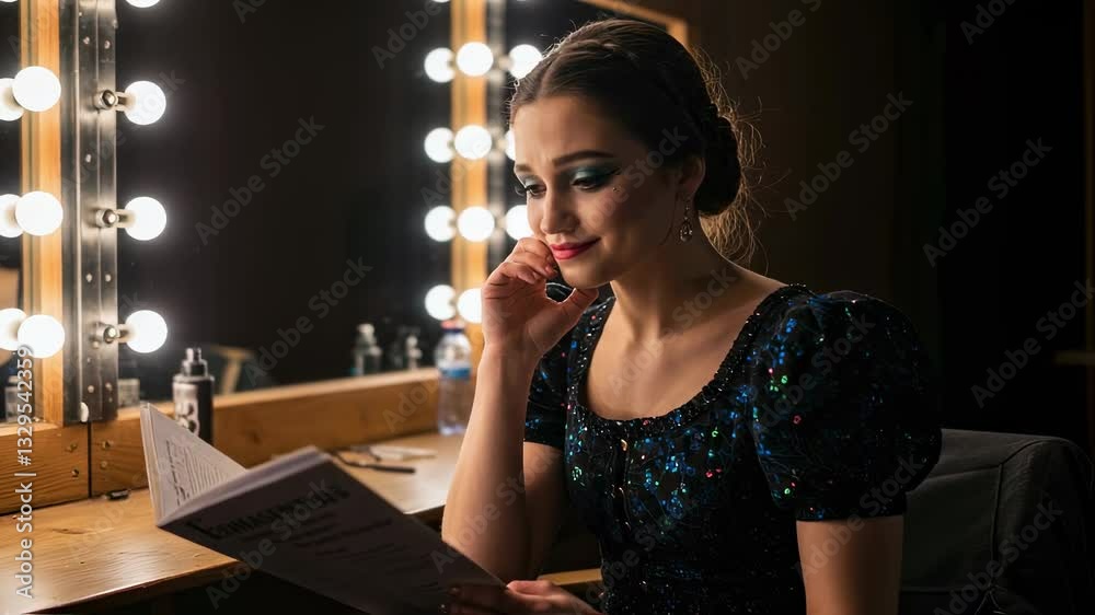 Actress, makeup and script with woman reading in dressing room before performance, thoughtful and focused preparation near mirror with lights in theater backstage