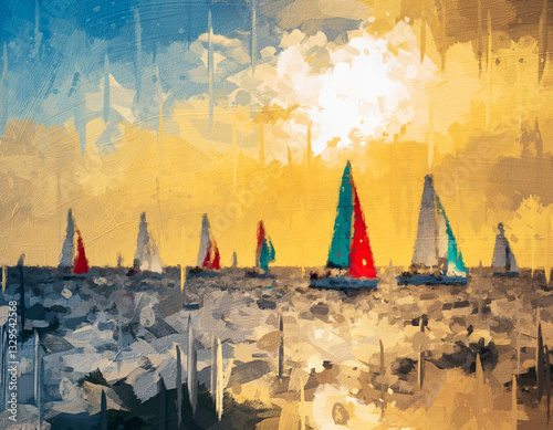 Sailboats on a Calm Sea with Reflections of the Sunlit Horizon. Digital painting