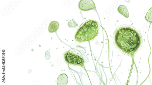 Close-up microscopic view of green algae. The image shows numerous green, oval-shaped cells with delicate, translucent stems or filaments extending from them against a bright white background.  The