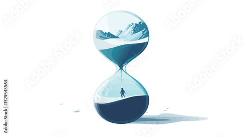 A digital illustration depicting a stylized hourglass.  The upper bulb contains a stylized winter landscape with snow-covered mountains. The lower bulb shows a single, small figure standing in a