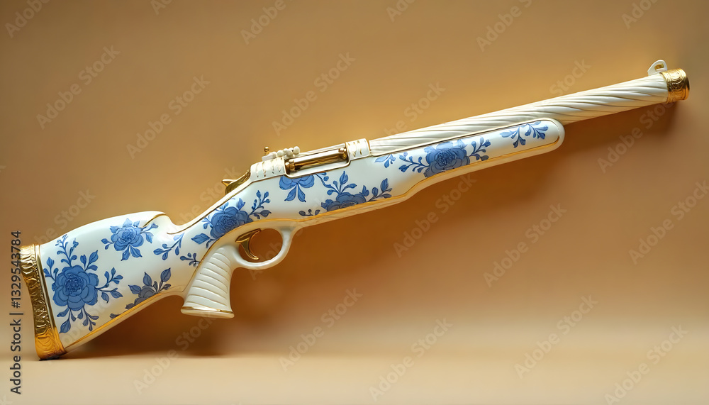 Obraz premium A porcelain shotgun sculpture craft from a ceramic material with blue floral and gold line.