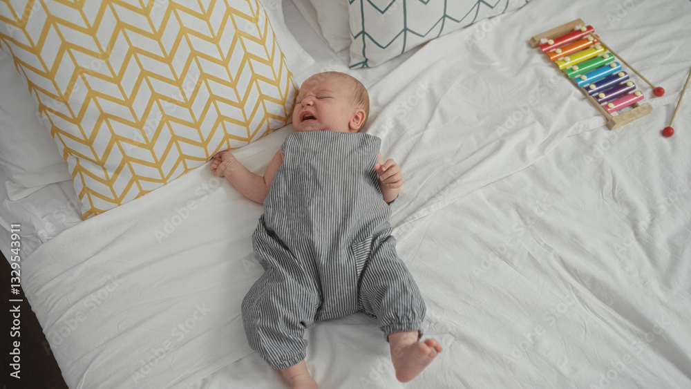 Naklejka premium Crying baby boy lying on a bed in a bedroom dressed in striped romper with pillows and a xylophone nearby
