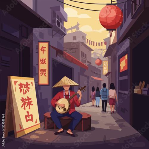 Man Playing Instrument in Asian Street with Lanterns and Signage