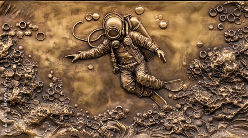 Bronze artwork depicts a diver in the ocean with air bubbles