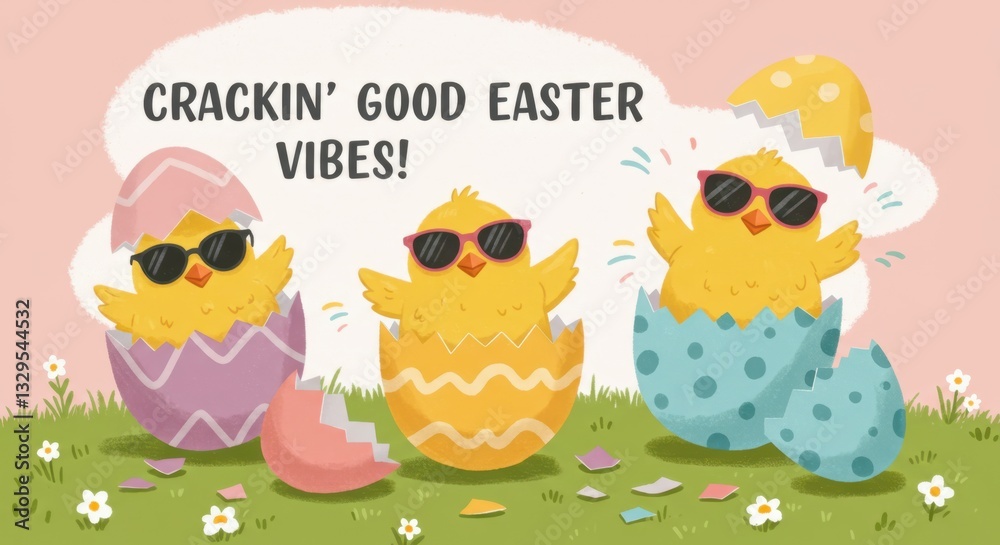 A playful card depicting a group of cartoon chicks in sunglasses popping out of colorful eggs, with bold text saying 'Crackin’ Good Easter Vibes!' A playful card depicting a group of cartoon chicks in sunglasses popping out of colorful eggs, with bold text saying 'Crackin’ Good Easter Vibes!'