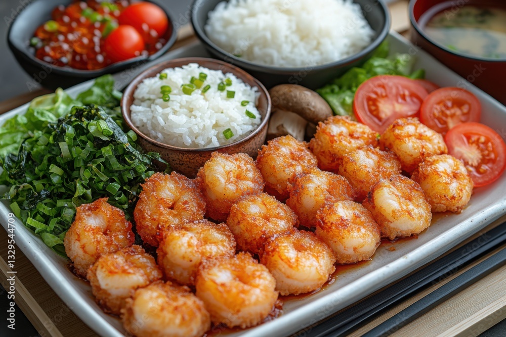 Fototapeta premium Delicious shrimp dinner with rice vegetables and soup served on a square platter