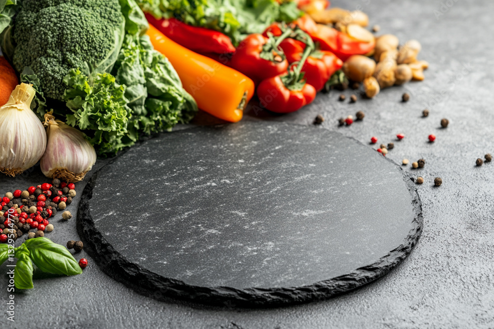 Mockup for design. Cooking background: black stone plate, fresh vegetables and spices on gray concrete background. Free space for text Mockup for design. Cooking background: black stone plate, fresh vegetables and spices on gray concrete background. Free space for text