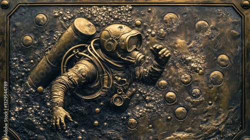 A bronze sculpture depicts a diver with equipment exploring underwater