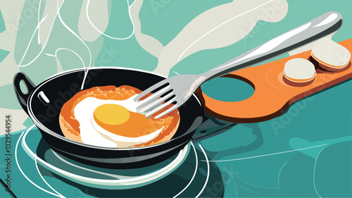 A stylized illustration depicts a fried egg in a dark-colored frying pan on a teal surface. A fork is shown piercing the egg white.  Steam is visible rising from the pan.  A small orange serving