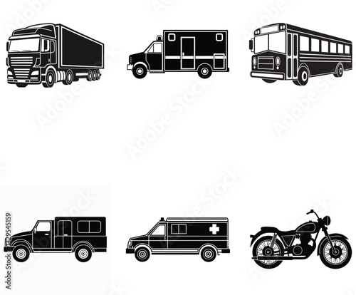 Minimalist Transport Silhouettes Ambulance, Bus, Taxi, and Trucks