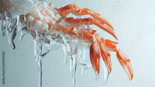 Close-up macro photograph of a crab claw partially submerged in or covered by a clear, translucent, crystalline substance. The substance appears to be dripping or melting. The crab claw is a