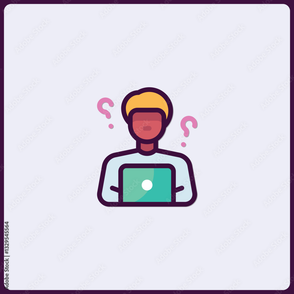 Puzzled digital nomad or distant worker with laptop and question marks icon Puzzled digital nomad or distant worker with laptop and question marks icon