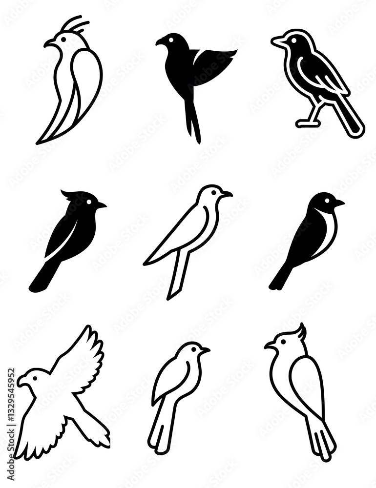 Fototapeta premium Bird Icon Set 3, black on white isolated background birds, line art and silhouette symbols
