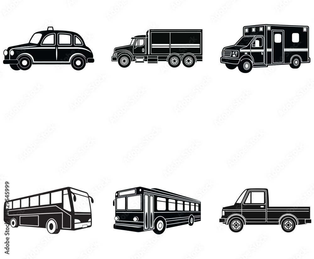 Black Silhouette Set of Ambulance, Bus, Lorry, Motorbike, Taxi, and Truck Black Silhouette Set of Ambulance, Bus, Lorry, Motorbike, Taxi, and Truck