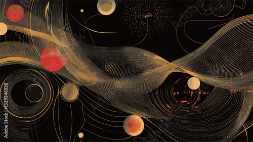 The image is a digital abstract artwork depicting a cosmic nebula.  It features swirling, flowing forms in shades of gold and dark brown against a black background.  Scattered throughout the