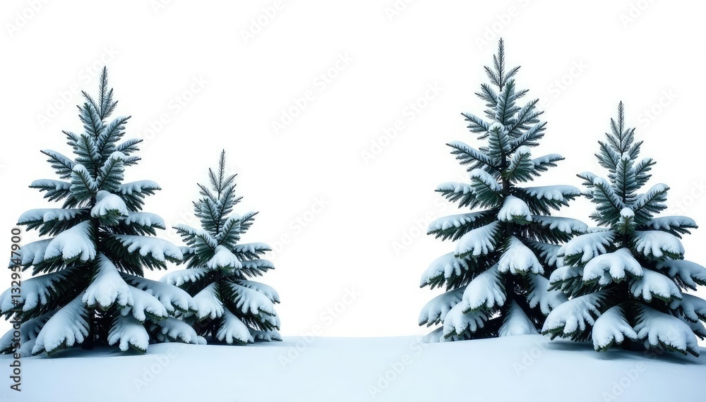 Obraz premium Snowy branches of fir trees isolated on white background, winter wonderland, evergreen, snow covered