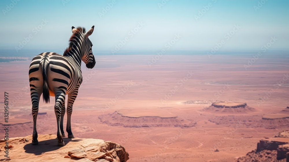 Obraz premium A Zebra Standing on a Rocky Cliff, Overlooking a Vast and Endless Desert Landscape