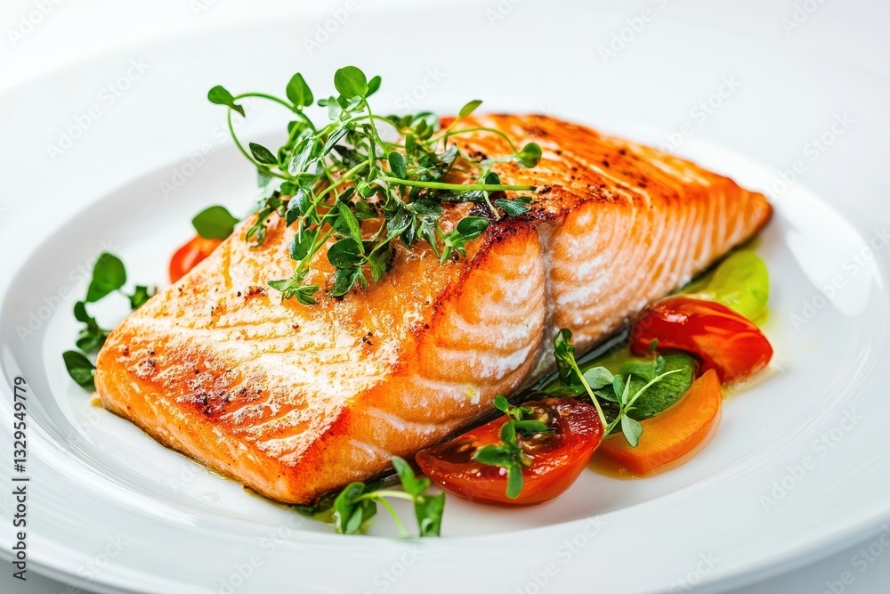 Elegant Culinary Presentation of Four Perfectly Seared Salmon Fillets with Fresh Herbs and Lemon Garnish on White Ceramic Plates Elegant Culinary Presentation of Four Perfectly Seared Salmon Fillets with Fresh Herbs and Lemon Garnish on White Ceramic Plates