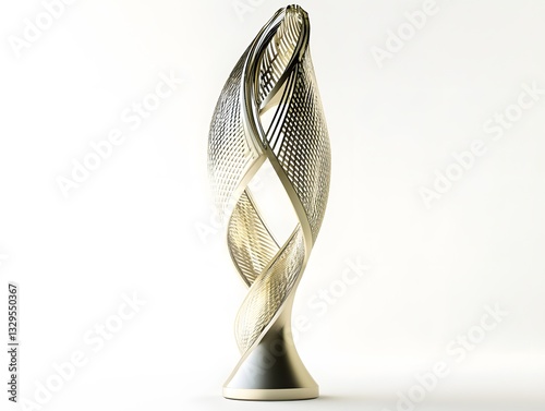 A spinning Oscar-style trophy with futuristic metallic textures. 3D animation, white background transparency.