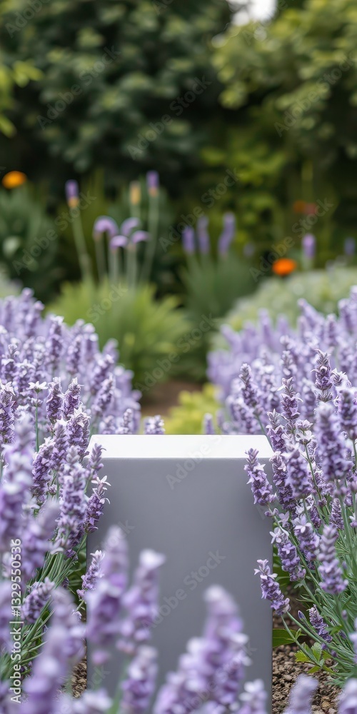 Fototapeta premium Minimalist Podium Surrounded by Soft Lavender Flowers in a Tranquil Garden