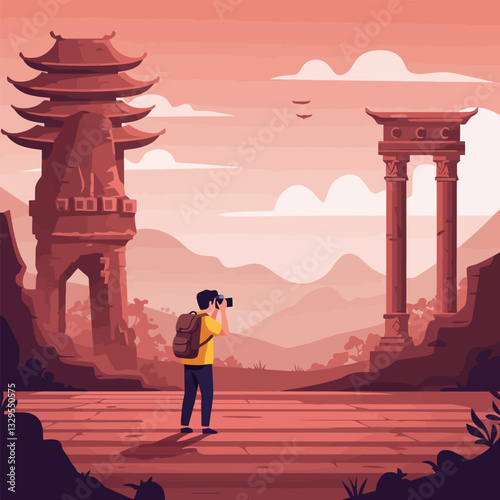 Man Taking Photo of Ancient Ruins and Mountain Landscape