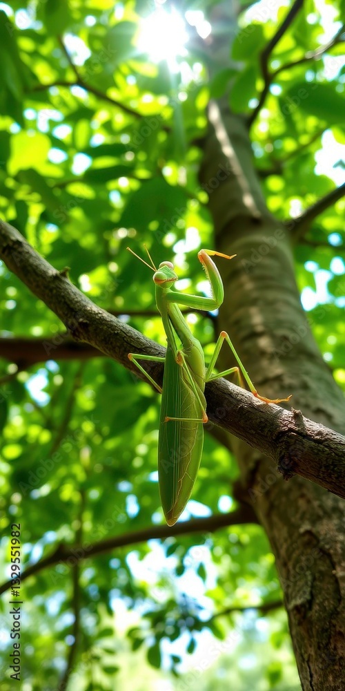 A striking green praying mantis resting on a tree branch, with sunlight filtering through the leaves. A striking green praying mantis resting on a tree branch, with sunlight filtering through the leaves.
