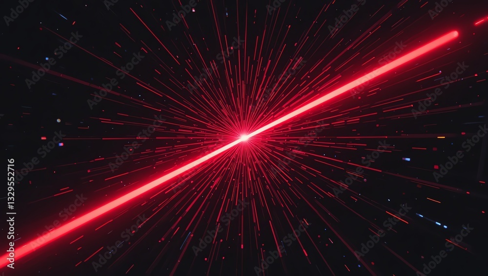 Naklejka premium A vibrant red laser beam cutting through the dark, creating a stunning visual effect with glowing particles in the background.