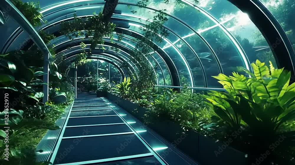 Lush indoor botanical garden with futuristic architecture and vibrant greenery under bright lights Lush indoor botanical garden with futuristic architecture and vibrant greenery under bright lights