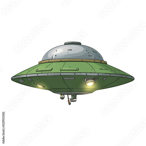 retro-futuristic ilustration of a green metal flying saucer