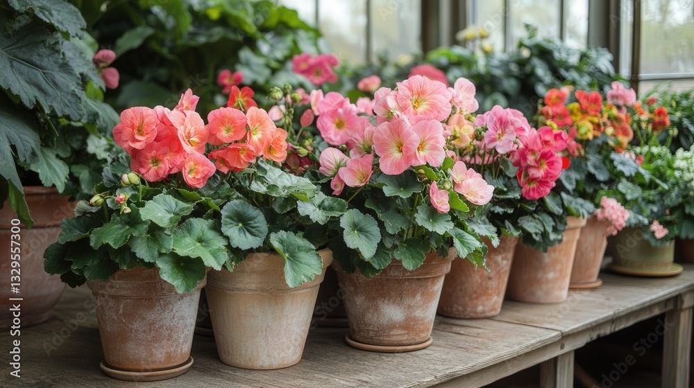 Many flower pots in a bright greenhouse, each filled with evergreen begonias, their colorful flowers adding vibrancy to the indoor garden Many flower pots in a bright greenhouse, each filled with evergreen begonias, their colorful flowers adding vibrancy to the indoor garden