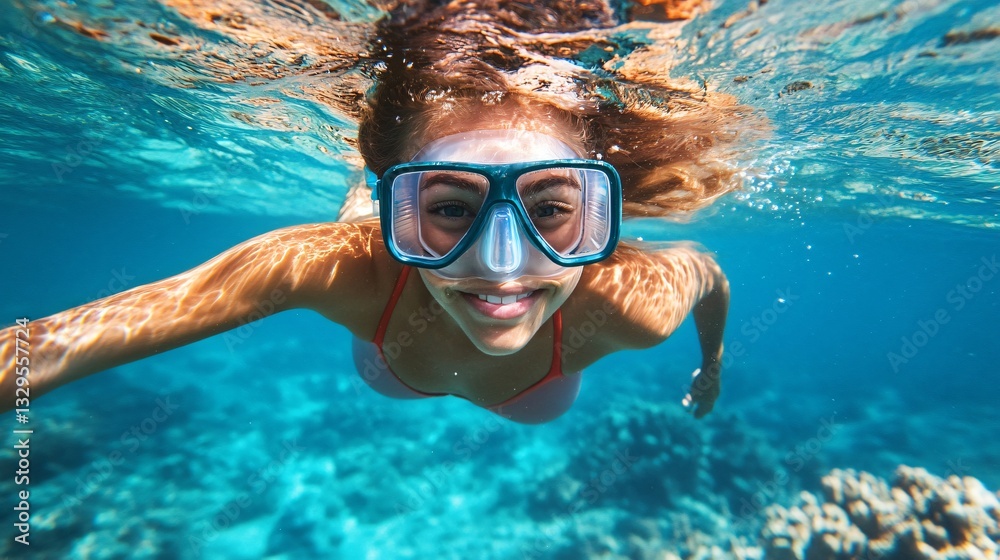 Naklejka premium Elegant Woman Swimming Underwater in Blue Pool with Sunlight, Serenity Concept