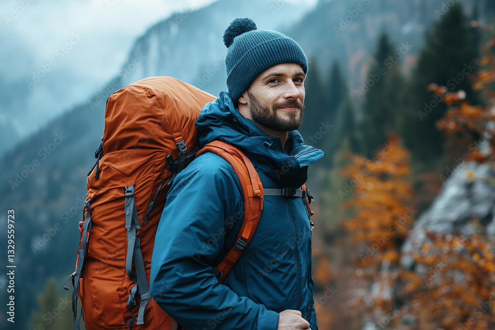 Man hiking in autumn forest with backpack and warm clothing Man hiking in autumn forest with backpack and warm clothing