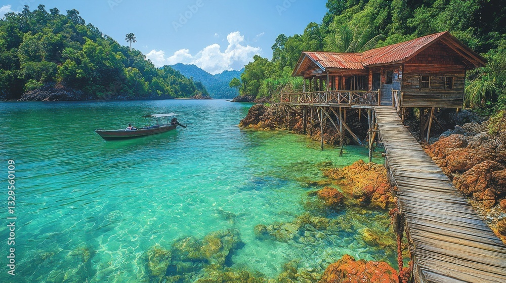 Obraz premium Tropical Island Paradise with Wooden Hut