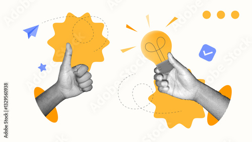 halftone collage, hand holding bulb, and hand approval Innovation, brainstorming, and smart solutions drive growth