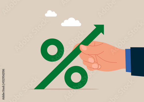 Hand businessman push percent arrow increasing interest rate in market. Flat vector illustration