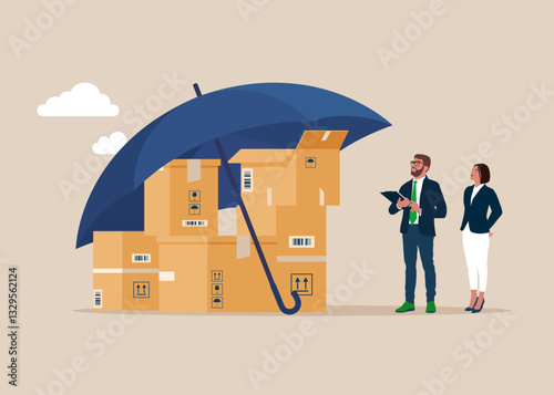 Boxs under umbrella. Procurement and purchasing company equipments, goods and service, audit and checking price. Flat vector illustration