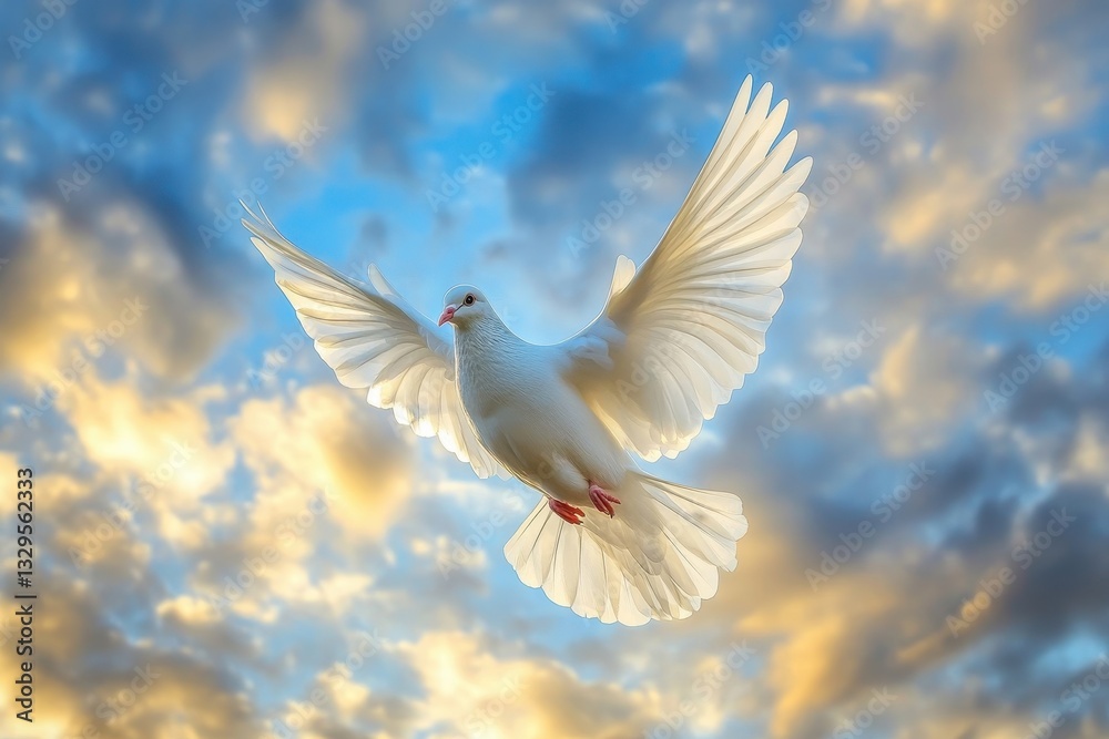 Majestic White Dove in Flight Against Dramatic Cloudscape with Wings Spread Symbolizing Peace and Freedom Majestic White Dove in Flight Against Dramatic Cloudscape with Wings Spread Symbolizing Peace and Freedom