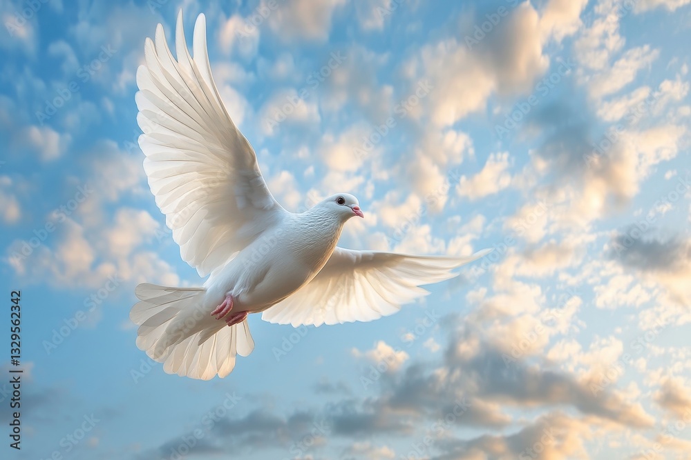 Majestic White Dove in Flight Against Dramatic Cloudscape with Wings Spread Symbolizing Peace and Freedom Majestic White Dove in Flight Against Dramatic Cloudscape with Wings Spread Symbolizing Peace and Freedom