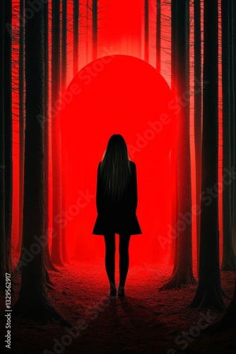 Silhouette Woman in Dark Forest Path with Red Circle Background