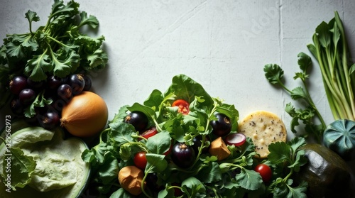 Fresh Vegetables and Salad Ingredients Arranged on a White Background
