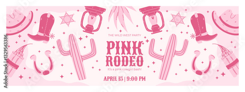 Pink Rodeo Party Horizontal Banner with Cowboy Hats, Boots, Cactus, Horseshoes, Lanterns, and Dynamite in a Playful Western Theme