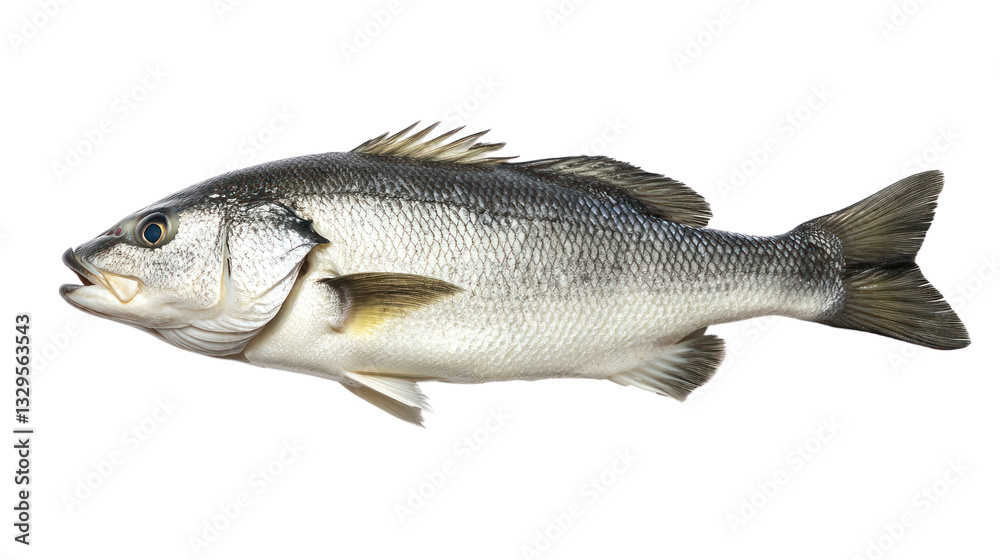 Fototapeta premium Fresh fish on a white isolated background, showcasing its sleek body and vibrant scales.