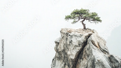 Resilient trees atop a craggy mountain peak defy odds, showcasing the enduring spirit of nature against a serene white background.