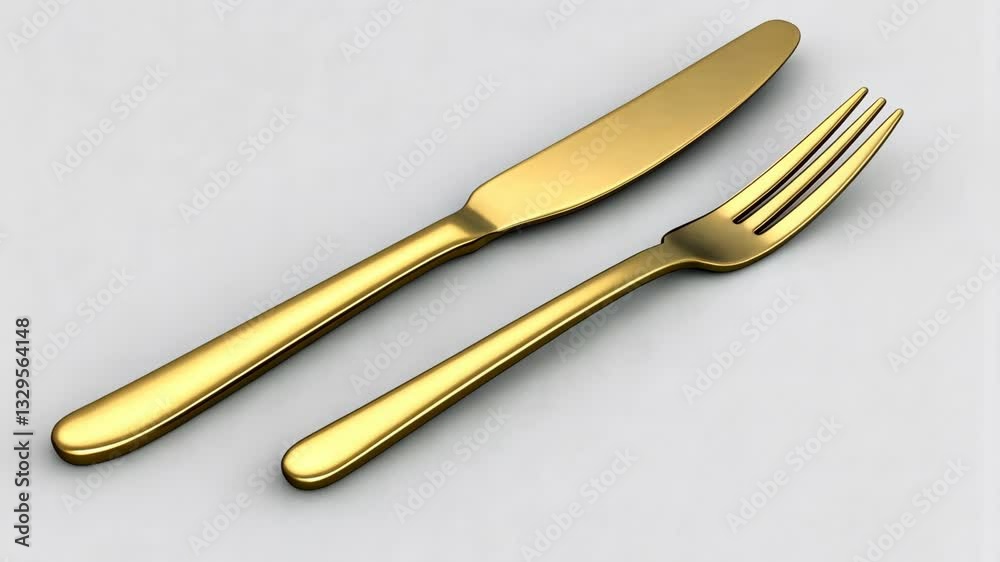 Golden cutlery set featuring a fork and knife against a neutral background for elegant dining experiences Golden cutlery set featuring a fork and knife against a neutral background for elegant dining experiences