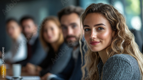 Confident woman smiling during business meeting in office