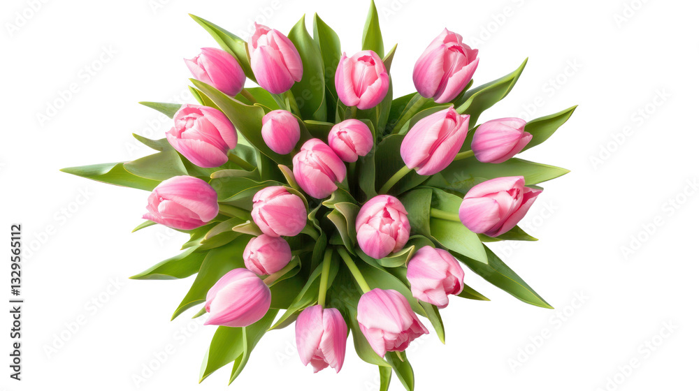 Obraz premium A vibrant bouquet of pink tulips arranged beautifully with fresh green leaves.