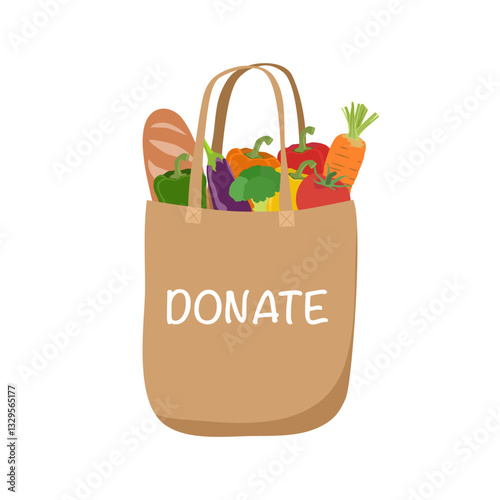 Cardboard box full of food. Needed items for donation. Water, bread, milk, fruits and vegetables products. Food drive bank, charity, thanksgiving concept. Vector illustration flat style
