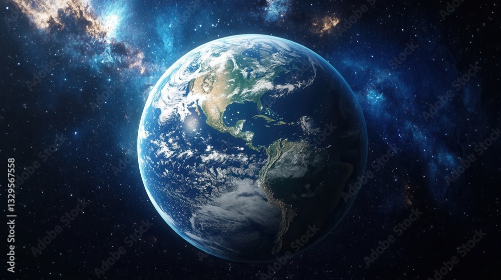 Fototapeta premium Photorealistic 3D Render of Planet Earth Showing Detailed Continents Oceans and Atmosphere with Dramatic Space Background