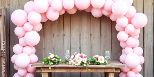  Pastel Pink Balloon Arch Over a Rustic Wooden Table with Fresh Flowers